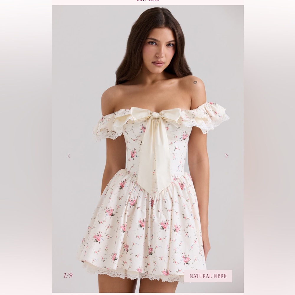 House of CB Stretch Cotton Floral Print Off Shoulder Corset Mini Dress- M